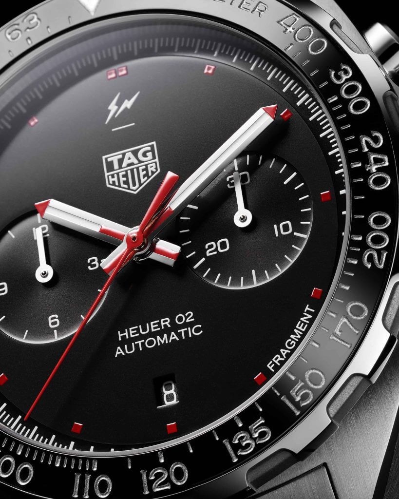 Close up of the Tag Heuer x Fragment Design Heuer 02 Chronograph watch